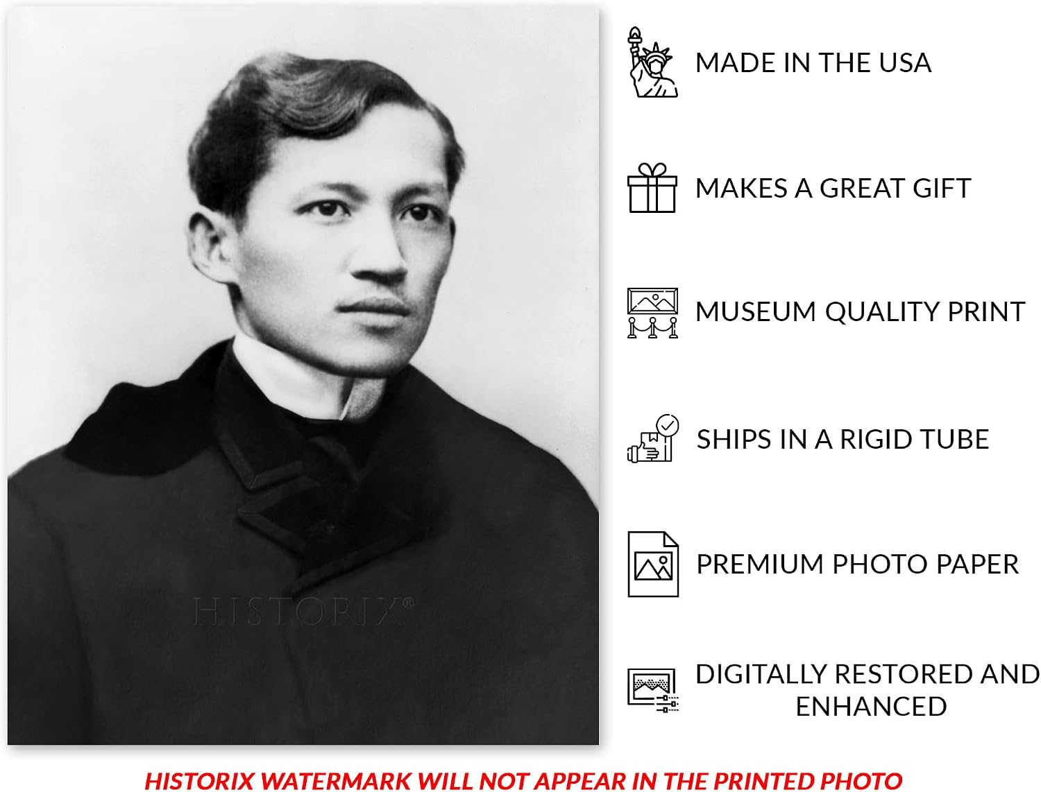 HISTORIX Vintage 1861 Jose Rizal Bust Portrait Photo Print - 24x30 Inch Vintage Photo of Philippine National Hero Jose Rizal Poster Print Wall Art