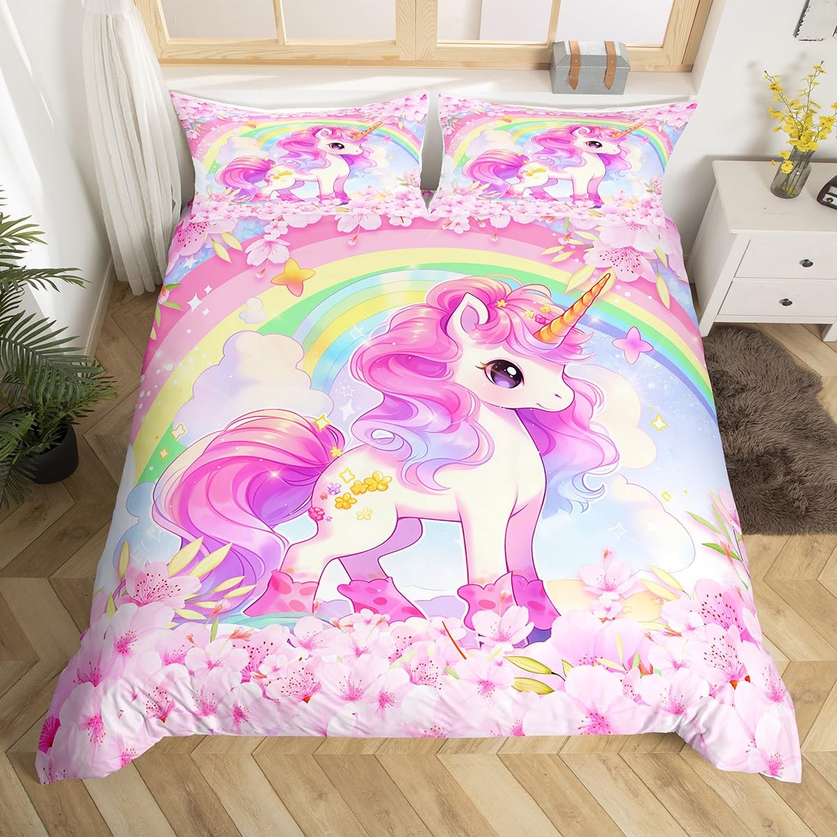 Cartoon Unicorn Kids Duvet Cover Single Size,Sakura Cherry Blossom Japanese Bedding Set,Girls Women Room Decor,Rainbow Unicorn Cute Comforter Cover,Pink Purple Romantic Quilt Cover,1 Pillowcase