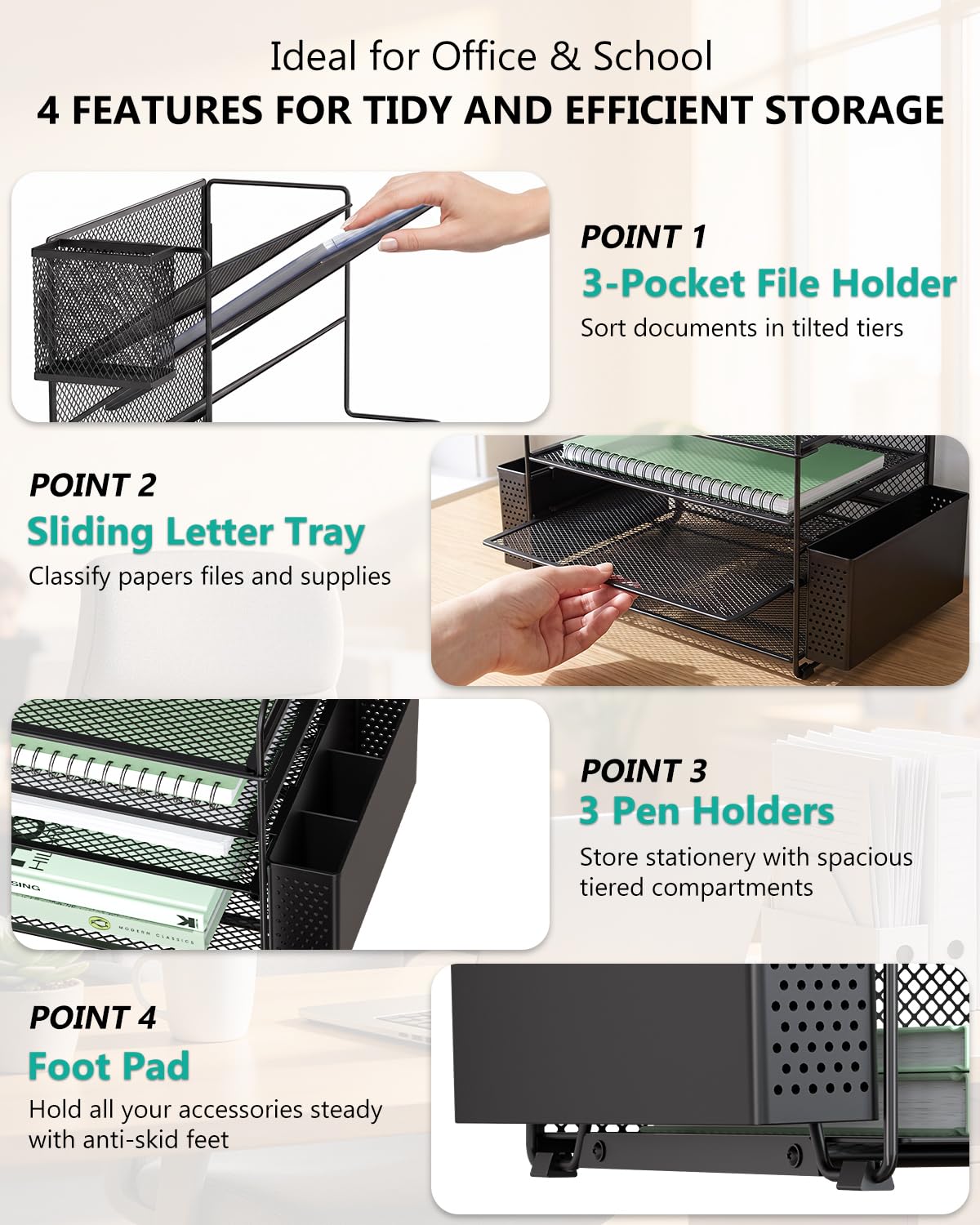 WALI Desk File Organizer, 7 Tier Desktop Paper Letter Tray Organizer with Drawer and 3 Pen Holders, Office Desk Accessories & Workspace Organizers for Office, Home, School Supplies, 1 Pack, Black view 4