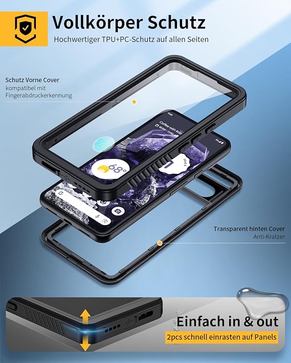 Lanhiem for Google Pixel 8 Case IP68 Waterproof Shockproof Black Pixel 8 mobile phone case 360 degree protective case dustproof outdoor armoured case with built-in screen protector