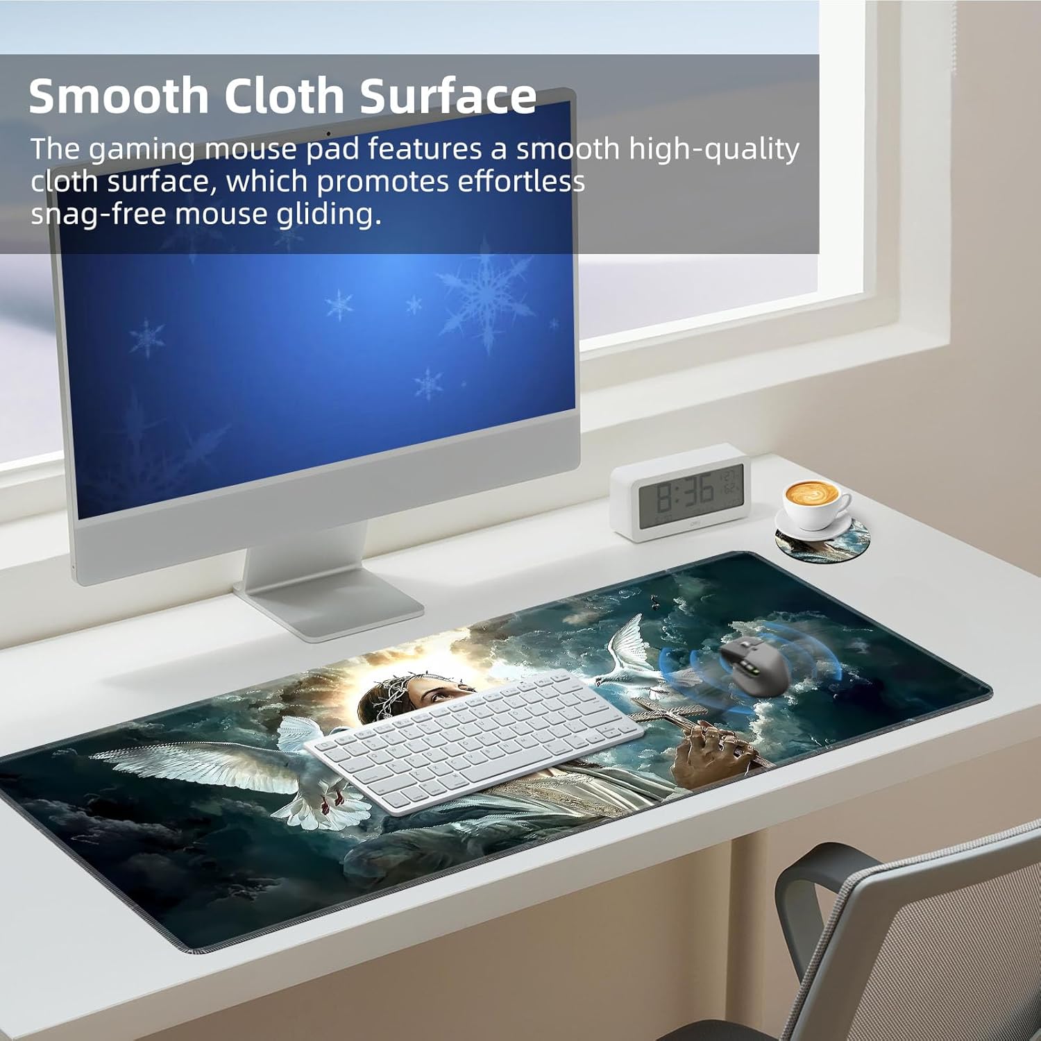 Large Desk Mat with Stitched Edges, Jesus with White Doves Office Desk Pad, Anime Gaming Mouse Pad, Extended Keyboard and Mouse Mat,31.5x11.8 inch Waterproof Desk Writing Pad for Office and Home