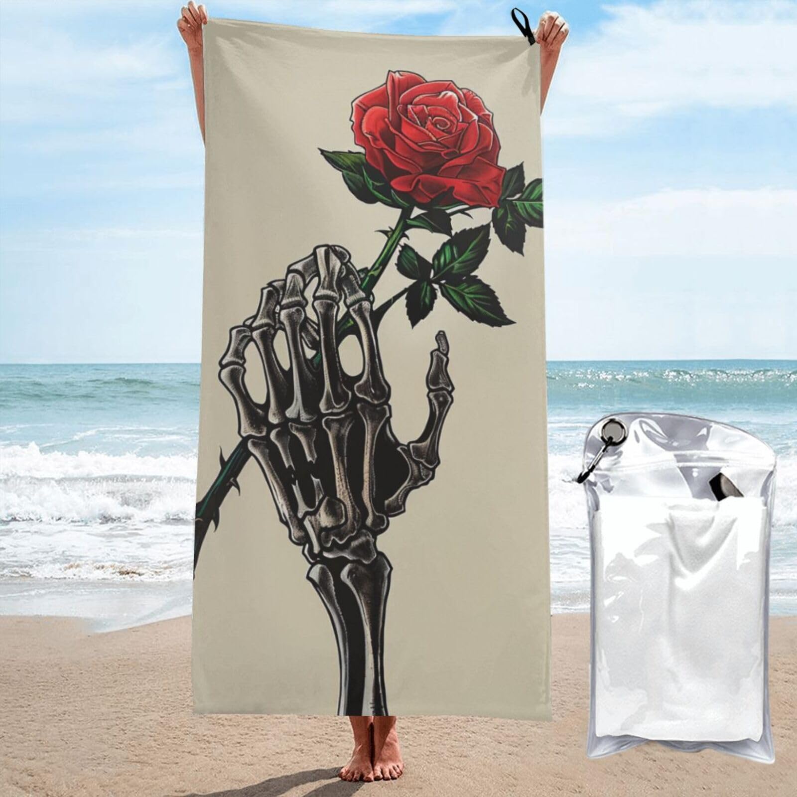 kkvhhyuo Microfiber Beach Towel, Skull rose Printed Lightweight Quick Dry Travel Bath Sheet with Compact Carry Bag for Swimming Yoga Camping Gym,31.5"x63"