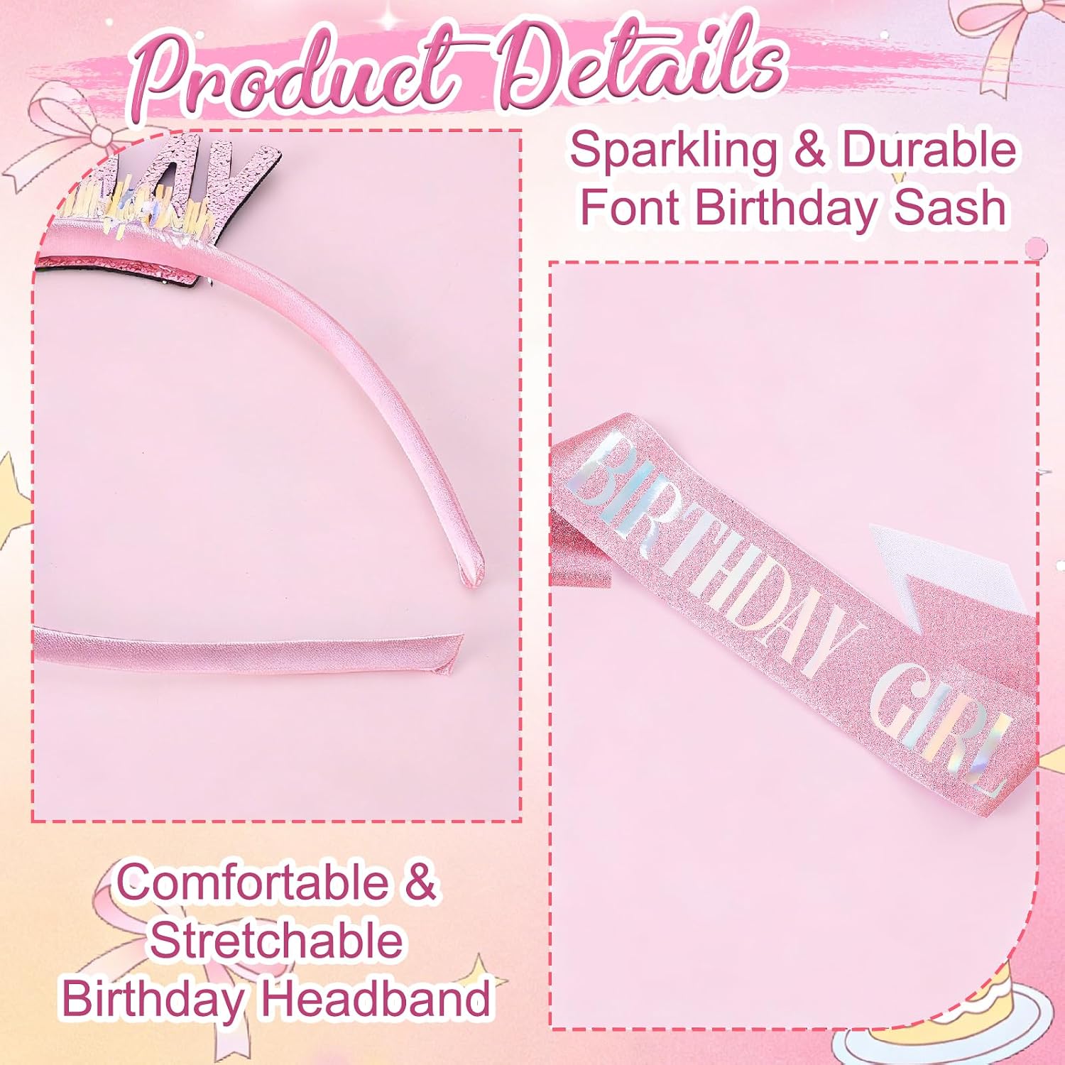JATEBI 4 Pcs Birthday Girl Sash Headband Set for Girl Women Glitter Tiara Birthday Sash Po Up Card Sunglasses Birthday Party