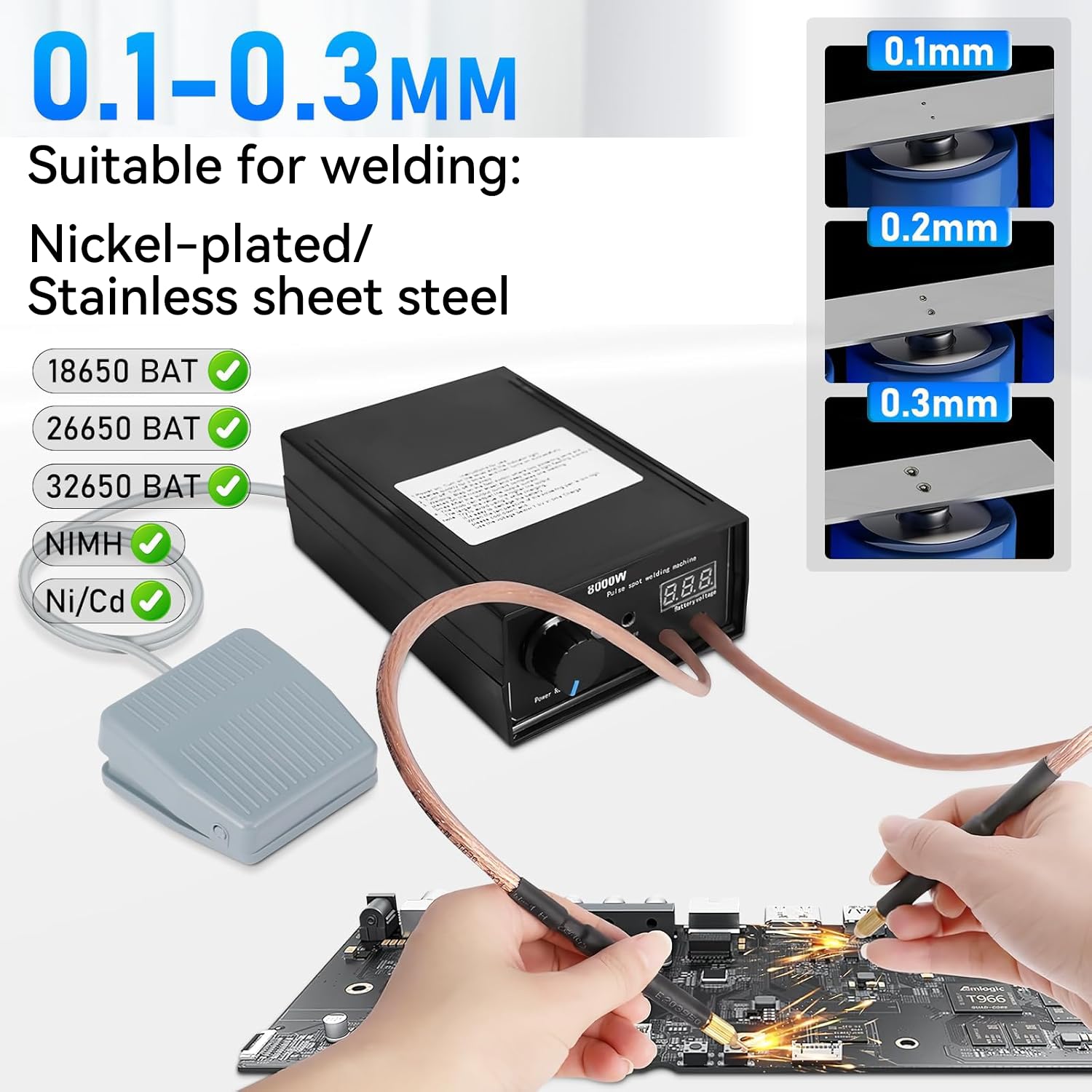 Saldatrice a Punti,Portatile 8000W Saldatrice a Punti per Batterie con Pedale, 1-9 Marce Regolabili per fai da te e produzione di batterie(0,1-0,3mm Foglio di Nichel)