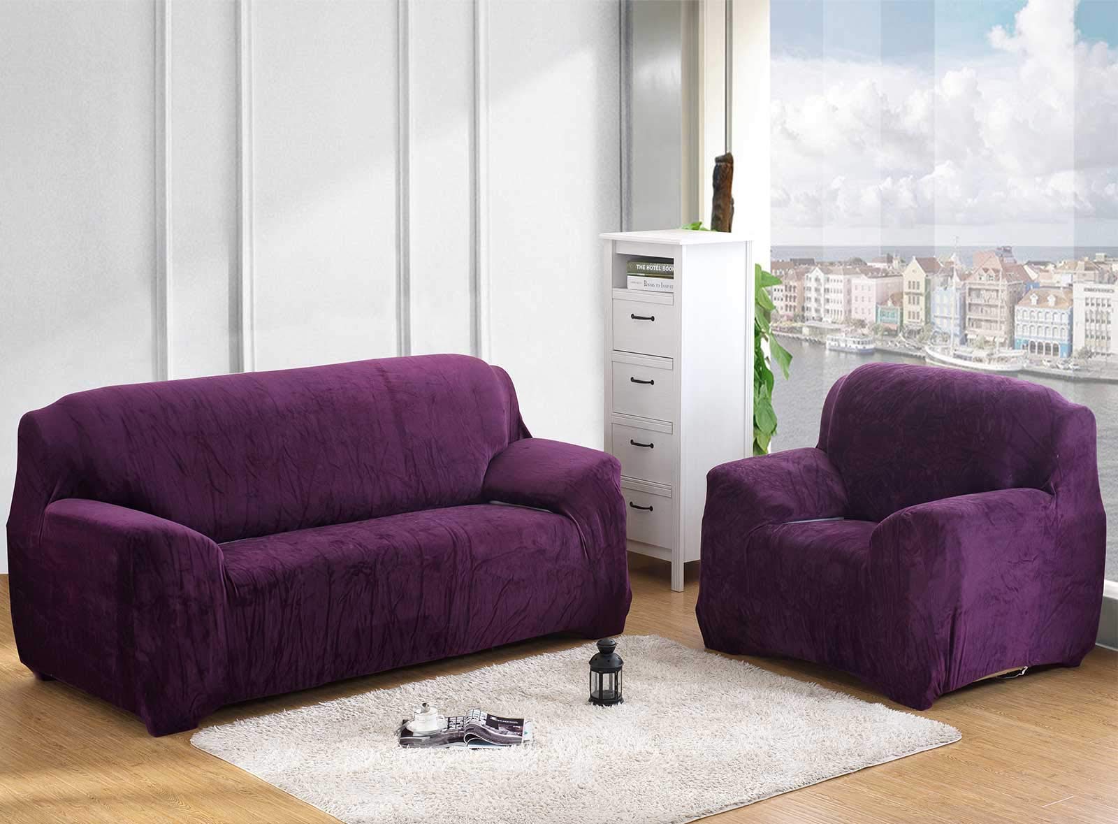 Sofabezug 2 Sitzer Stretch Sofaschutz Elastische Sofabezüge Korallenvlies Sofa Überzug Antirutsch Sofaüberwürfe für Wohnzimmer Hund Haustier (2 Sitzer, Lila)