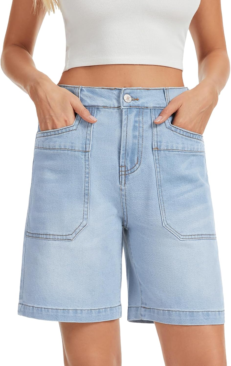 Metietila Womens Bermuda Shorts High Waisted Wide Leg Baggy Stretch Denim Jean Shorts for Relaxed Fit