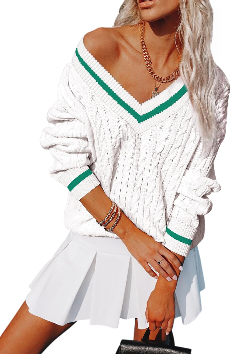 Womens V Neck Oversized Sweaters Long Sleeve Cable Knit Pullover Striped Chunky Sweater Casual Tennis Tunic Tops