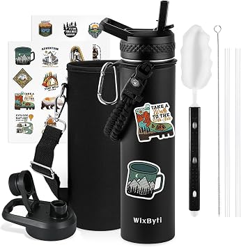 WixByti 24 oz Insulated Water Bottle with Straw, Stainless Steel Water Jug
