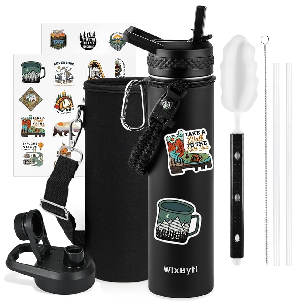 WixByti 24 oz Insulated Water Bottle with Straw (Cold for 48 Hrs), Stainless Steel Triple Wall Vacuum Sports Water Jug, Leakproof Hydro Cup Flask with Paracord Handle & Straw Spout Lids & DIY Stickers