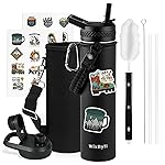 WixByti 24 oz Insulated Water Bottle with Straw (Cold for 48 Hrs), Stainless Steel Triple Wall Vacuum Sports Water Jug, Leakproof Hydro Cup Flask with Paracord Handle & Straw Spout Lids & DIY Stickers