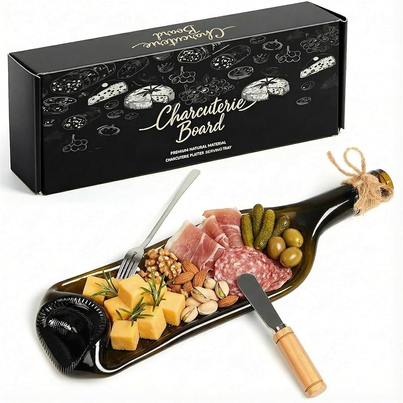 Bokon 1 bandeja para servir botellas de vino derretida, color marrón | Regalo para amantes del vino para fiestas, suministros de inauguración de la casa, bandeja de queso decorativa reciclada, tabla de embutidos con cuchillo y tenedor