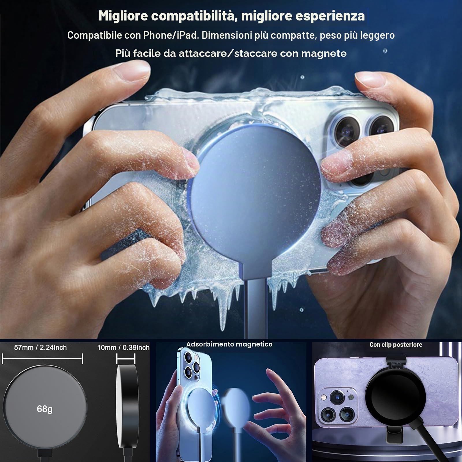 Raffreddamento per telefono per videogiochi, live streaming, 50 W, magnetico, con radiatore a liquido a basso rumore, per iPhone serie MagSafe, Android, iPad, tablet, con ventola di raffreddamento RGB