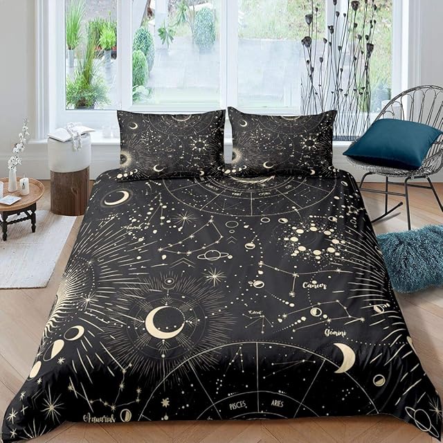 Homemissing Sun and Moon Duvet Cover Boho Exotic Bedding Set Galaxy Astrology Comforter Cover for Boys Girls Teens Cute Zodiac Signs Bedding & Linen Double
