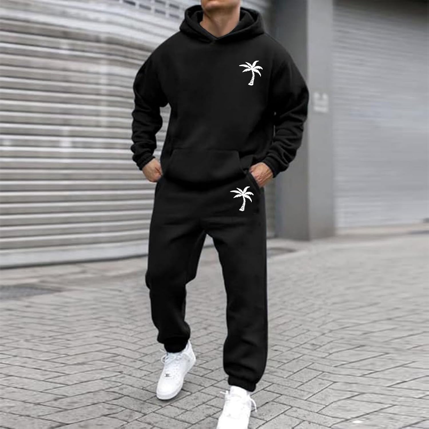 2 Piece Male Hooded Sports Suit Casual Beach Tree Pullover Hoodie Long Sleeve Activewear Casual Athletic Jogging