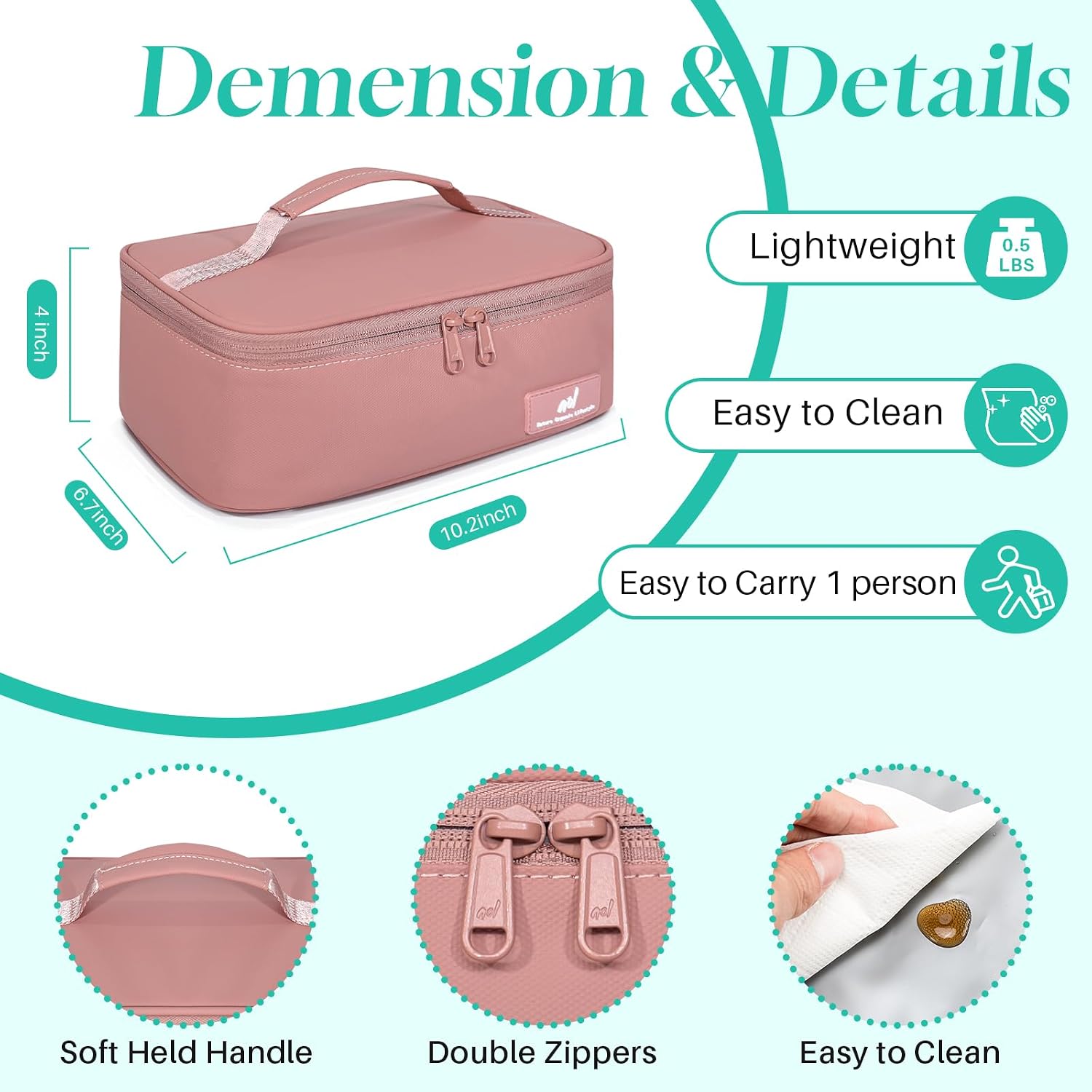 NOL Natural Organic Lifestyle Insulated Lunch Bag for Adults –Compact Cooler Lunch Box with Food-Grade Lining, Waterproof Lunch Bag for Work, Travel | Portable Thermal Meal Tote with Handle,Dark pink image 2