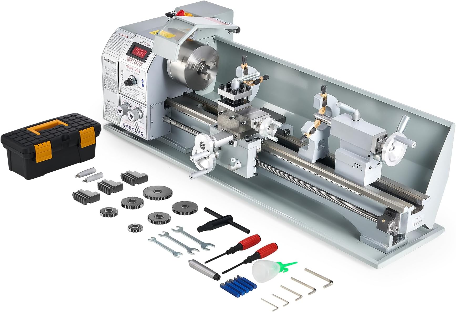 CREWORKS Mini Metal Lathe, 9" x 24" Benchtop Metal Lathe with 3 Jaw Chuck and 3000rpm Max. Spindle Speed, 1100W Metalworking Machine with LCD Display, Metal Lathe Machine