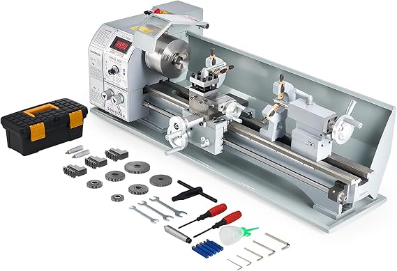 CREWORKS Mini Metal Lathe, 9 x 24 Benchtop Metal Lathe with 3 Jaw Chuck and 3000rpm Max. Spindle Speed, 1100W Metalworking Machine with LCD Display, Metal Lathe Machine