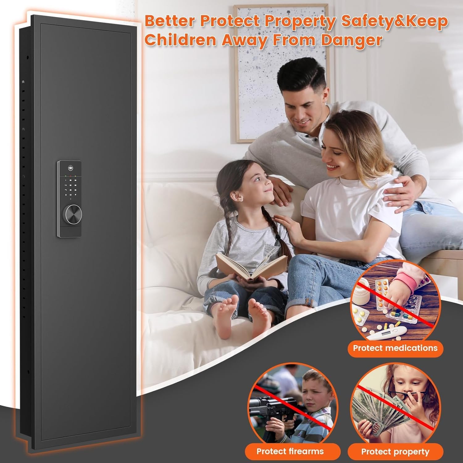 53.15" Wall Safe Between the Studs, Digital Lock Tall Hidden Wall Safe with Dual Alarm System, In Wall Closet Gun Safe with 3 Adjustable Shelves, Magnetic Slot and Key Hook,Black
