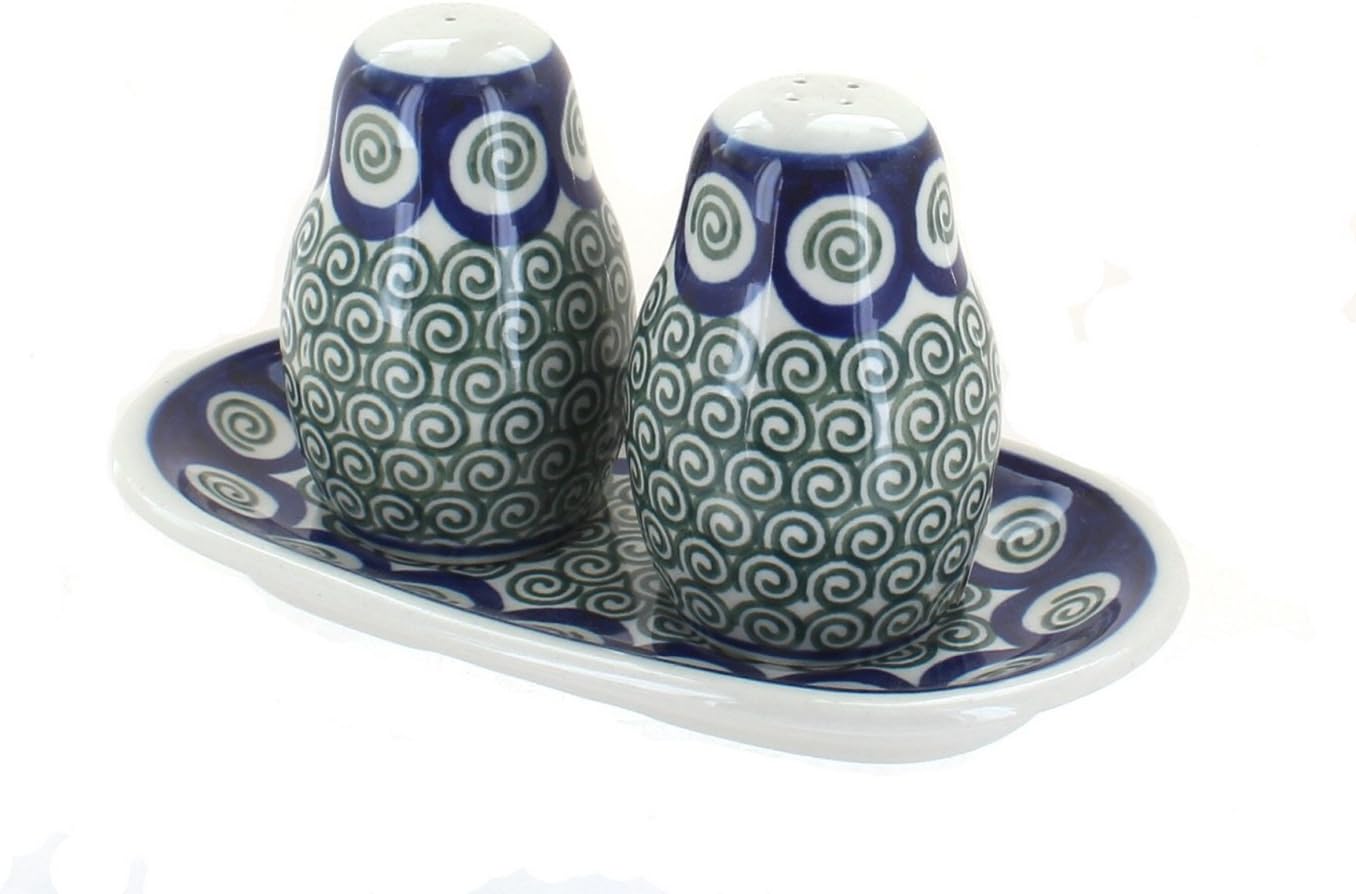 Blue Rose Polish Pottery - Brown Harvest Bounty Salt & Pepper Shakers with Tray - 3.5" Tall - Hand-Painted Ceramic Seasoning Set for Table & Kitchen