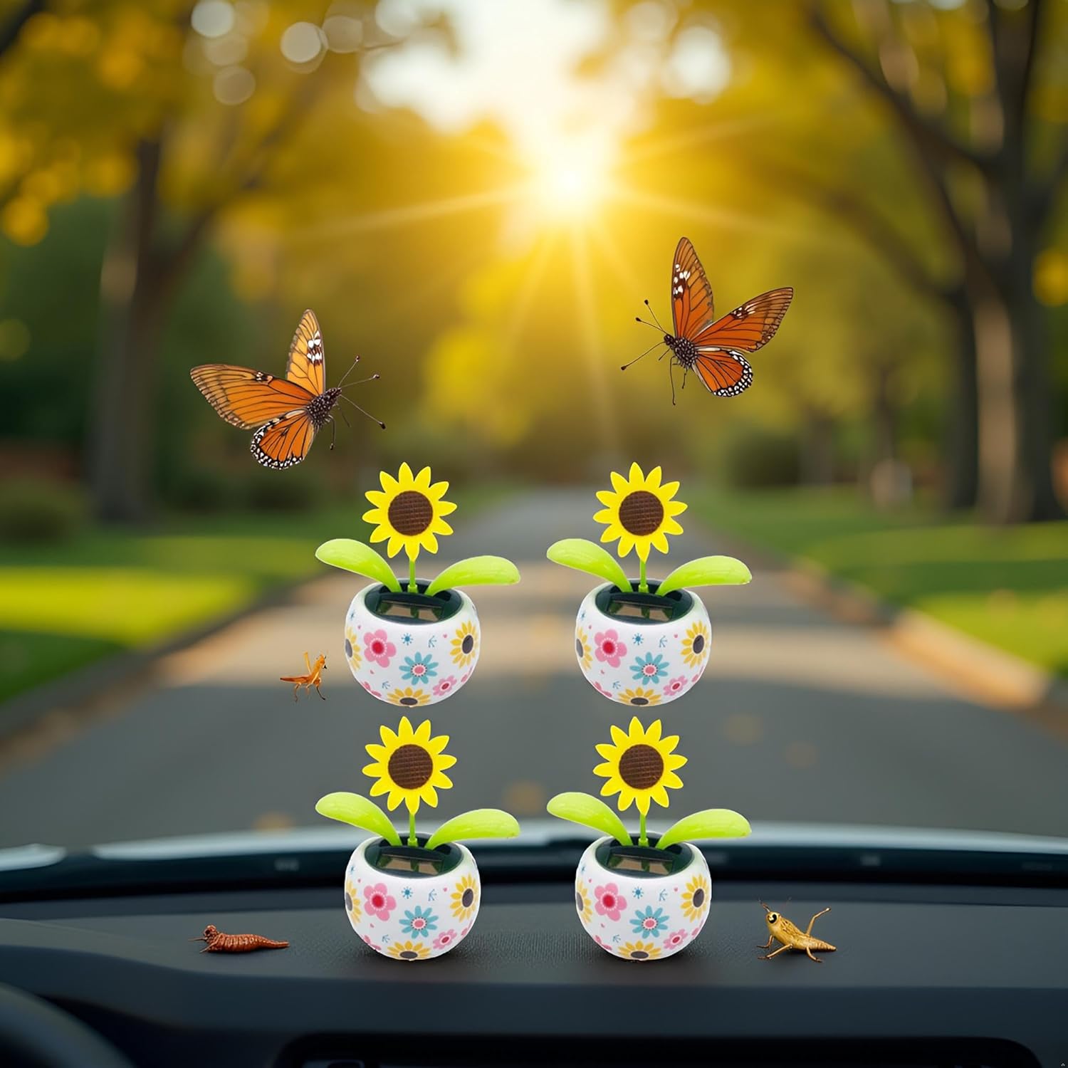 4Pcs Sunflower Solar Dancing Flower Dancing Solar, Powered Swinging Animated Dancer Toy Office Desk Car Decoration for Car, Funny Ornaments, Power Kits Dolls and Accessories