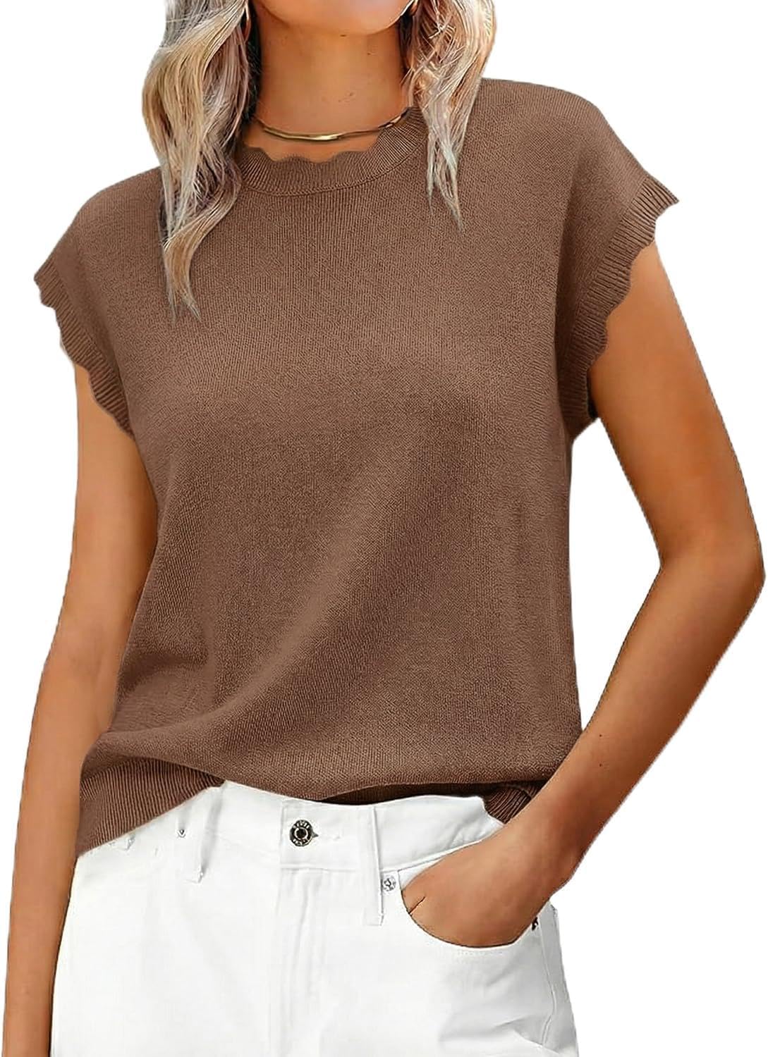 Women Summer Sweater Cap Sleeve Lightweight Pullover Soft Knit Top with Scallop Wavy