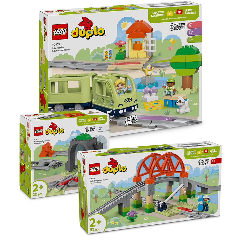 LEGO DUPLO Eisenbahn Abenteuer 3er-Set - Starter Set mit DUPLO Zug Elektrisch, LEGO DUPLO Eisenbahnbrücke, Eisenbahntunnel & Eisenbahn Schienen (10425, 10426 & 10427), ab 2 Jahre Eisenbahn