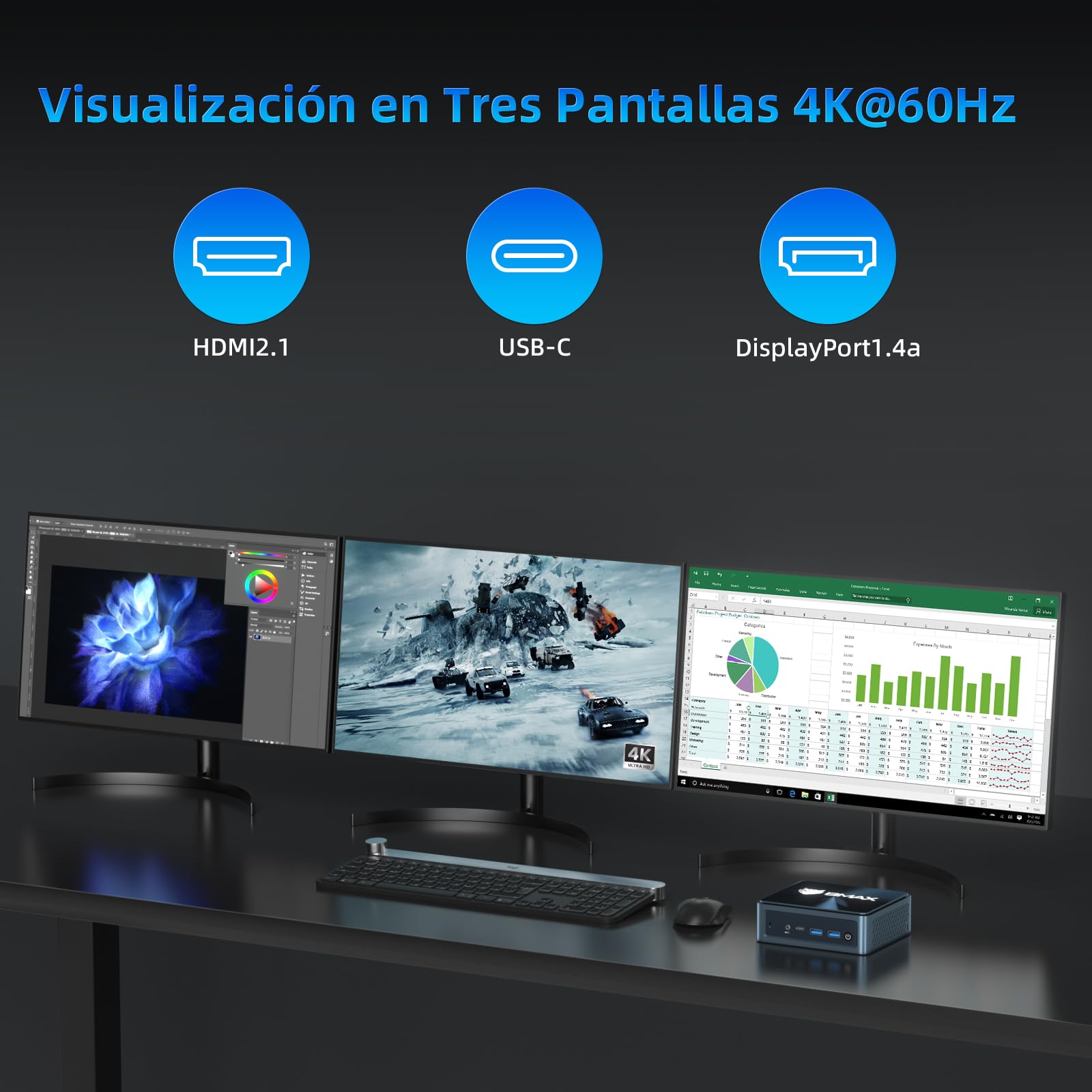 BMAX Mini PC B9Plus Intel Core i5-1235U (hasta 4,4 GHz, 10 C/12T), 24GB LPDDR5, 512 GB NVMe SSD Mini Ordenador de sobremesa, Wi-Fi 6, BT5.2, Triple Pantalla 4K 60Hz, HDMI,Tipo C, DP 1,4a, Micro PC — view 3
