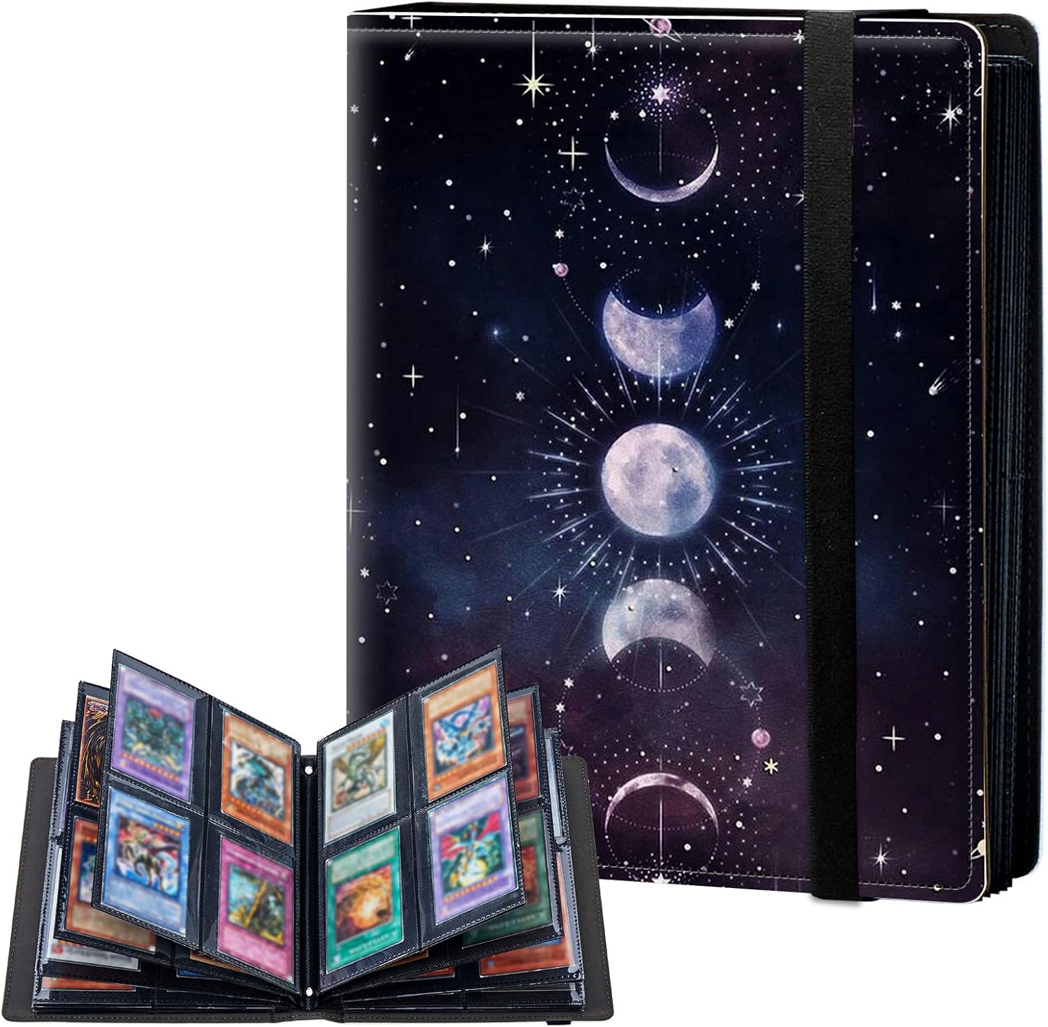4-Pocket Card Binder 20 Pages Holds 160 Cards, Card Book Collector Album Folder for Yugioh, MTG, TCG, Cute PU Leather Trading Card Holder with Elastic Strap, Moon Sun Stars