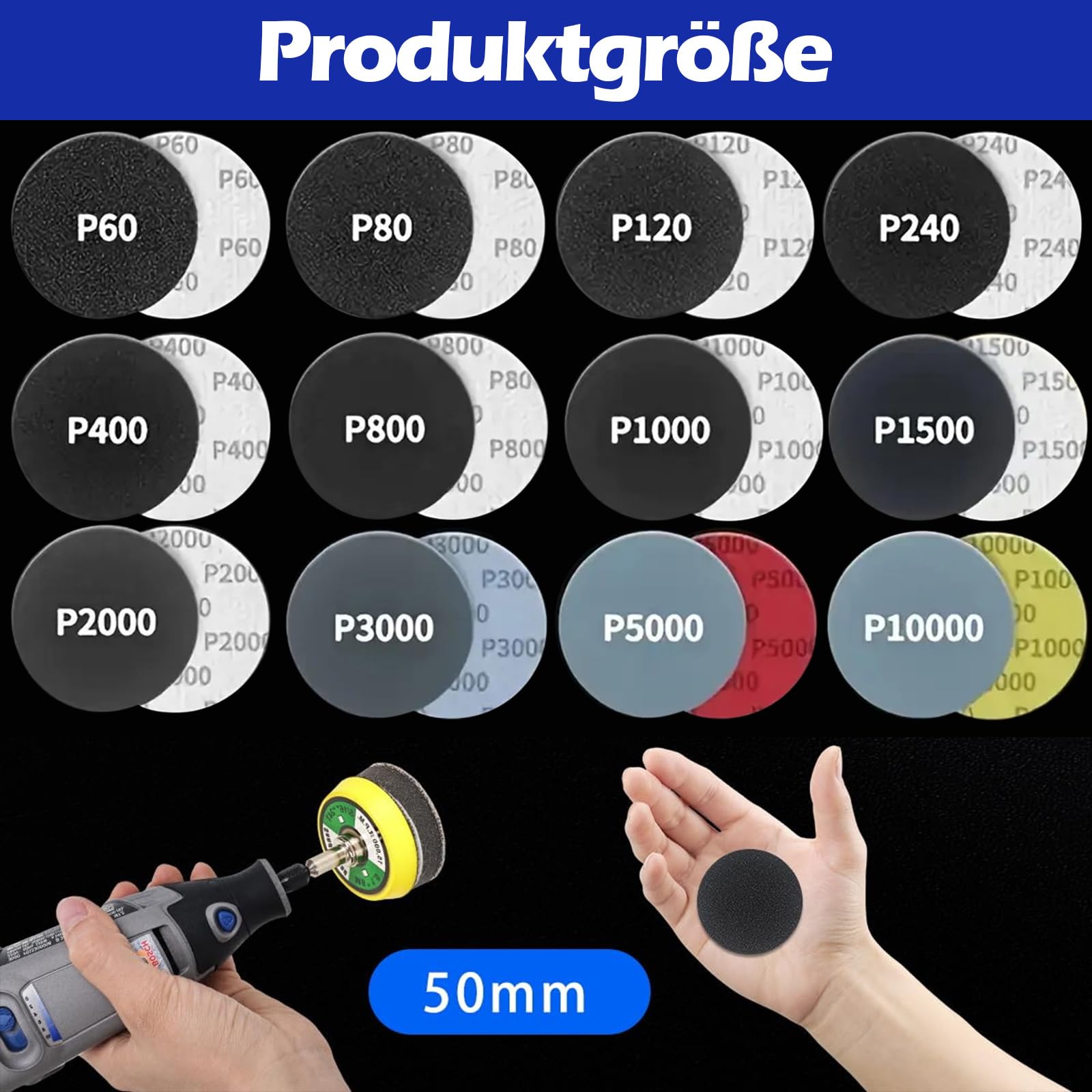Set di 200 dischi abrasivi da 50 mm, set di dischi abrasivi in, per fari, carta vetrata, tamponi abrasivi asciutti bagnati e tamponi lucidanti con grana 60 – 10000 per avvitatore a batteria