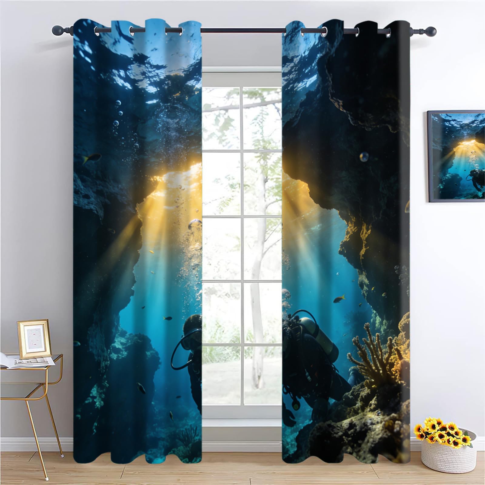 underwater caves Insulated Blackout Curtains,Diving Adventure Bedroom Curtains, Fish and Coral Drapes for Kids Nursery, Deep Sea Fantasy Living Room Printed Noise Reducing W96 x L183cm 2 Panels