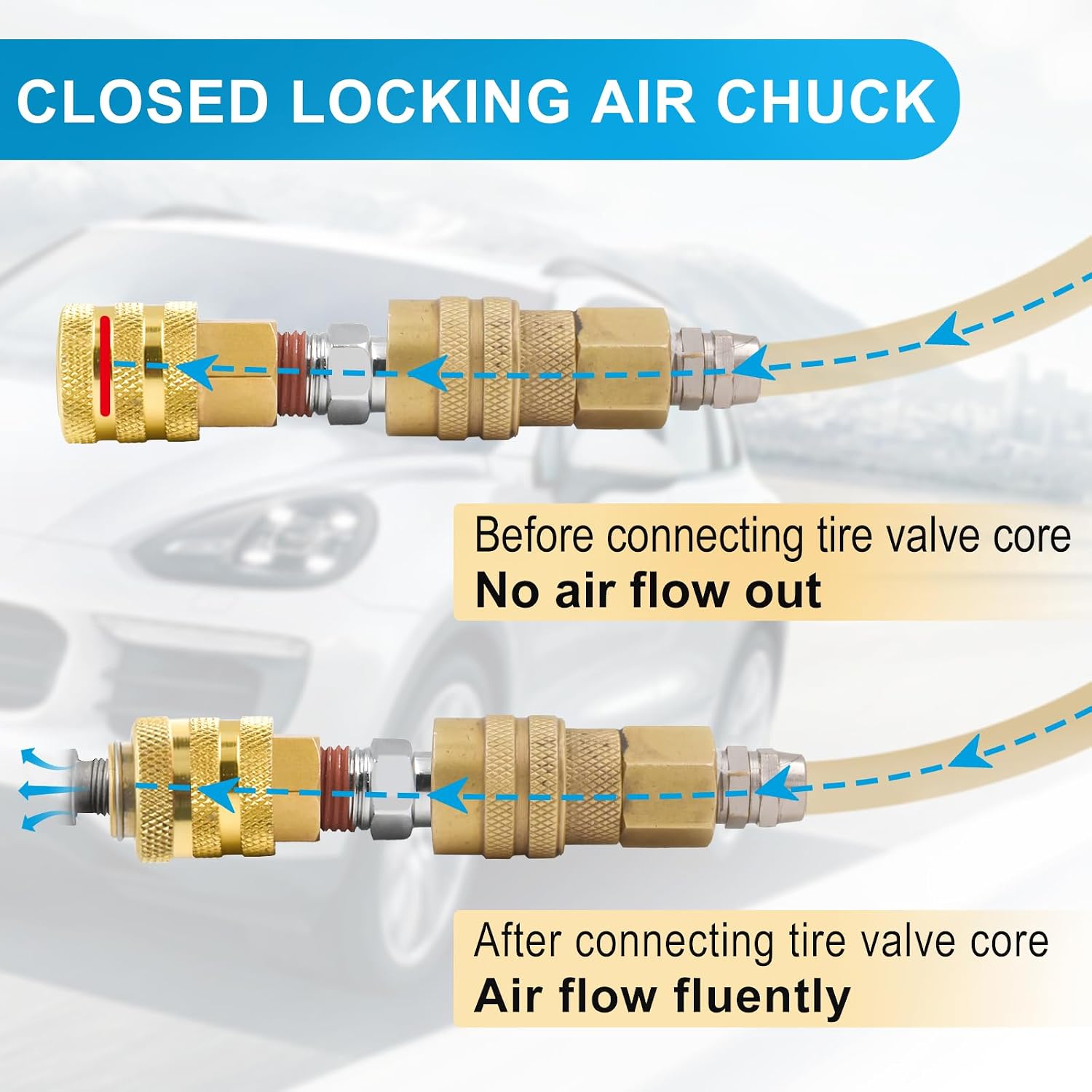 Closed Locking Air Chuck, 1/4 FNPT Brass Tire Chuck with Quick Connect for Tire Inflator Gauge and Air Compressor (3 Pack)