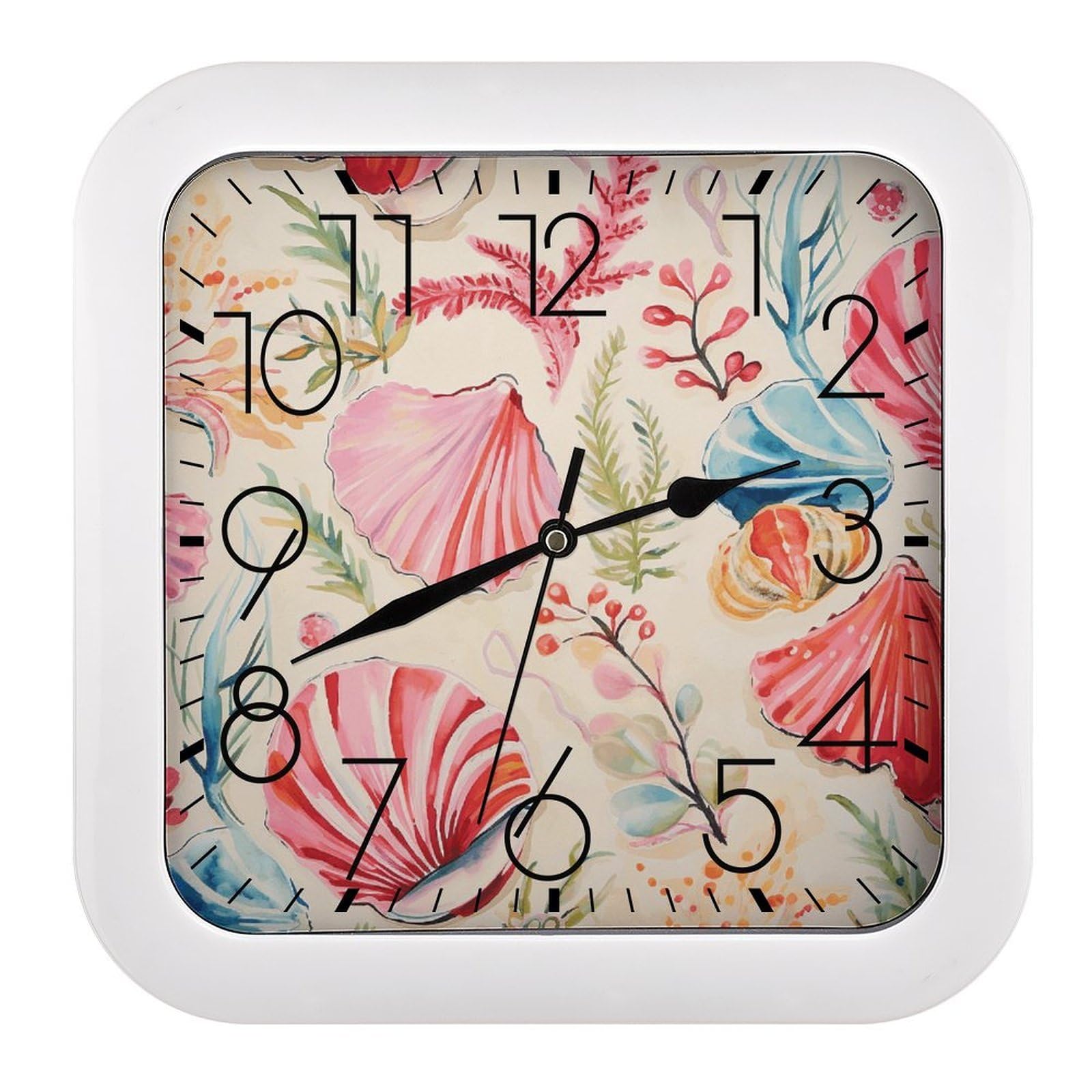NTVOWPZO 10 Inch Wall Clock Hand Drawn Seashells Battery Operated Wall Clocks Silent Non-Ticking Square Wall Clock for Living Room Kitchen Home Office Wall Decorative Clocks