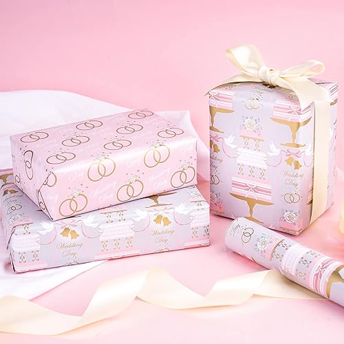 Miniatura 3 de WRAPAHOLIC Rollo de papel reversible para envolver bodas y bolsa de regalo de plástico grande de 56 pulgadas con diseño floral plateado