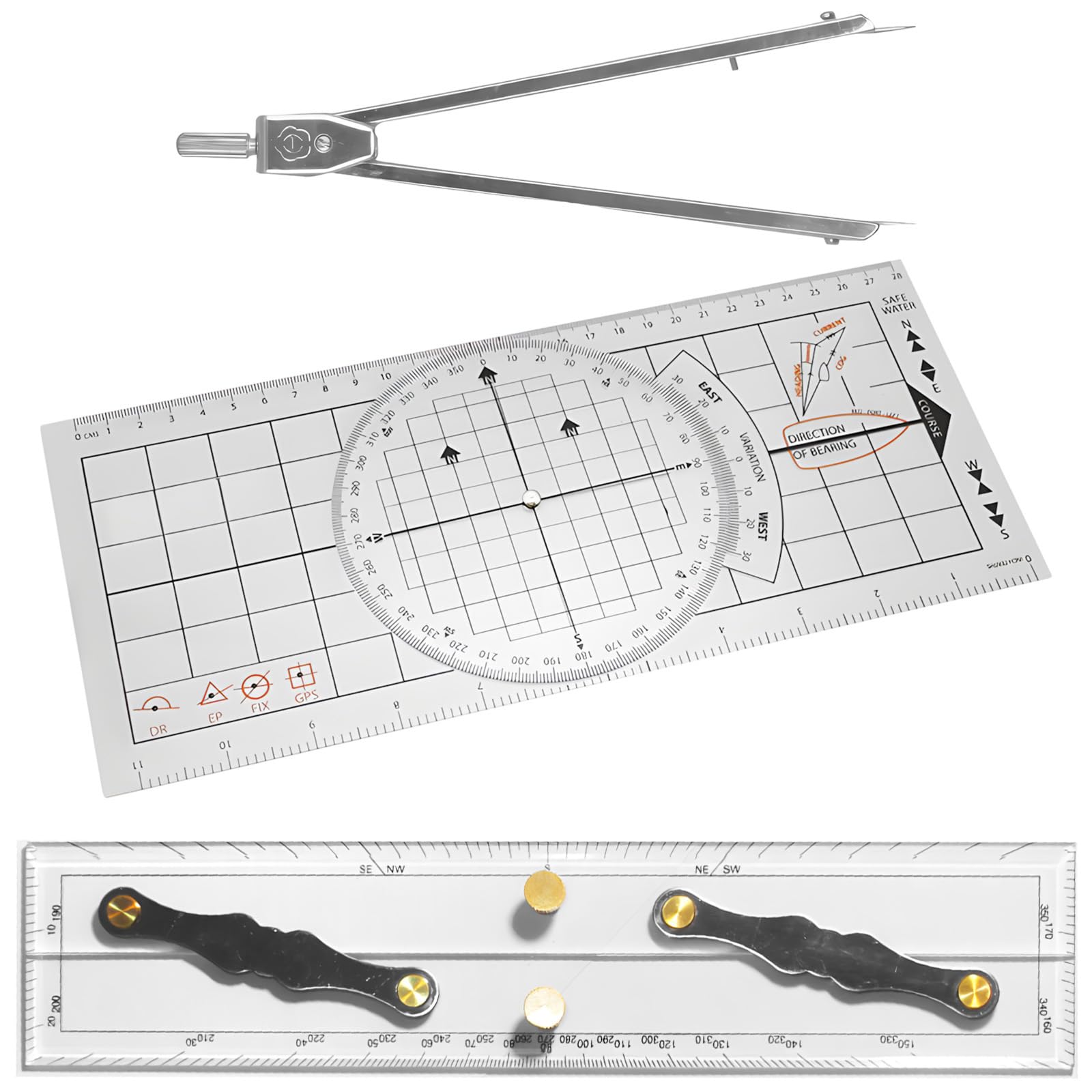3 Pcs Marine Navigation Kit, Nautical Chart Plotting Tool Set with Single Hand Divider, Navigation Ruler and Protractor, Drafting Supplies for Boating, Sailing, Seafaring
