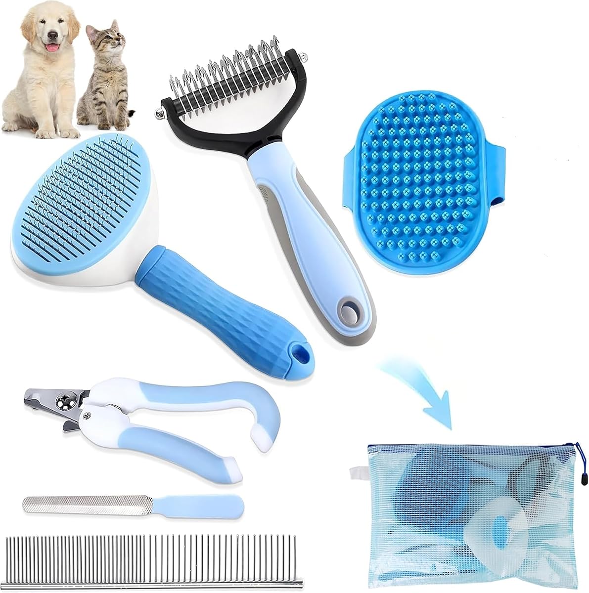 TIROL Pet Care 6-in-1 Dog & Cat Grooming Kit, Double-Sided Dematting Rake, Bath Massage Brush, Comb, Self-Cleaning Slicker Brush, Nail Clippers & File, Complete Grooming Set with Travel Pouch