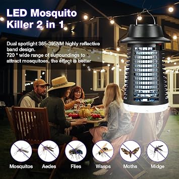AOOWU Bug Zapper, 4200V Insect Pest Fly Killer, LED 2 IN 1 UV Electric Fly Killer, Electric Mosquito Zapper for Indoor & Outdoor 15W, Portable Silent Mosquito Killer Lamp, Flying Insect Control Lamp