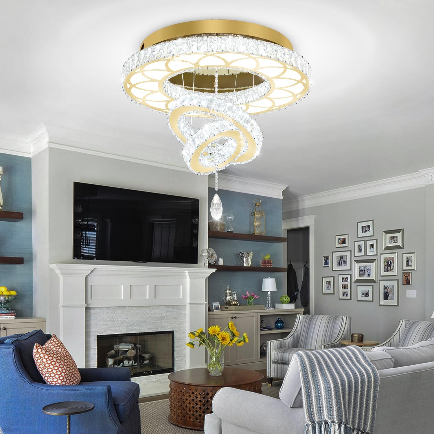 Dia 20" Modern Crystal Chandeliers Gold Bedroom Chandelier LED Dimmable Light Fixtures Flush Mount Ceiling Light for Dining Room Living Room