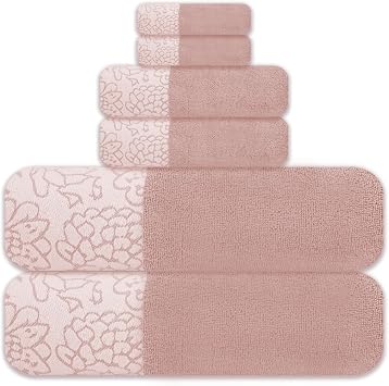 ELITE 6-Piece Jacquard Bath Towel Set 100% Cotton 600 GSM Luxury Towels Soft, Absorbent & Quick Dry Bath Towels, Hand Towels & Washcloths with Elegant Floral Design, Gift Ready (Dusty Pink)