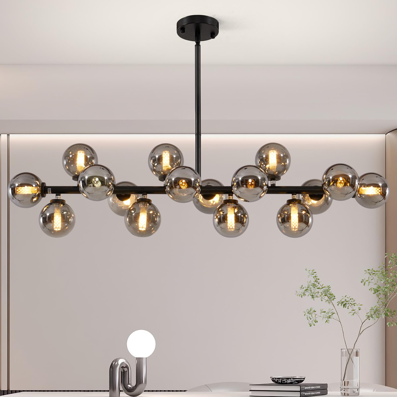 AstroLuominate Grey Linear Chandelier, Modern Sputnik Ceiling Fixture with Adjustable Height & Dimmable Glass Shades for Dining Room, Office,