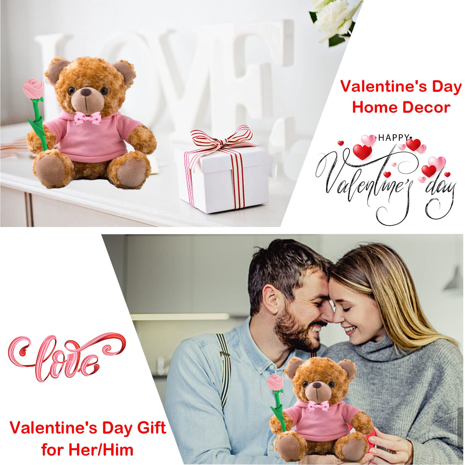 Custom Teddy Bear With Photo & Text - Personalized Hoodie Bear With Rose & Bow - Valentine, Birthday, Anniversary Gift For Her/Him