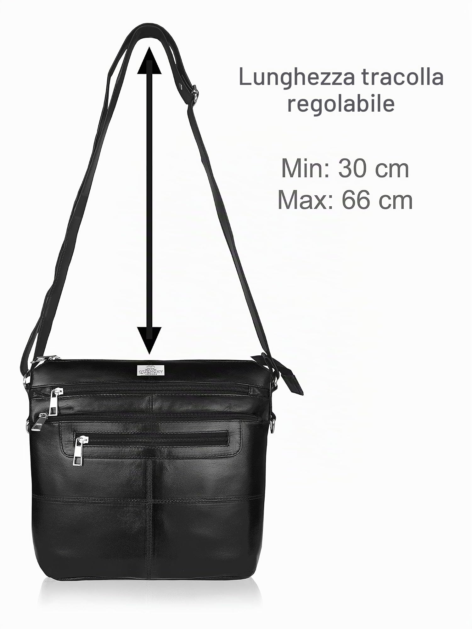 Quenchy London Borsa a Tracolla da Donna in Vera Pelle, Tracolla Regolabile con 7 Tasche, H25cm x L26cm x P8cm – Ottima Idea Regalo - QL922K Nera