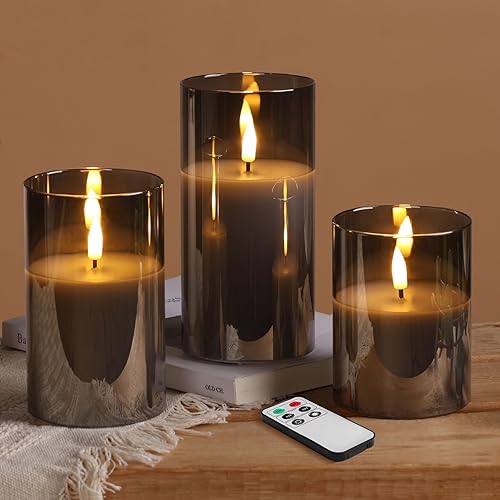 Miniatura 9 de Eywamage Juego de 3 velas LED sin llama de cristal gris ahumado con control remoto, parpadeantes que funcionan con pilas Gris,Verde,Oro,Claro,Rojo