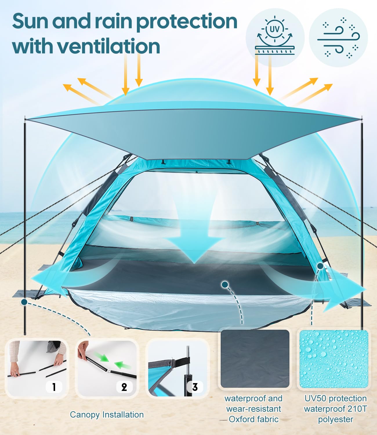 Dewur Strandmuschel 2-4 Personen Pop Up Strandzelt mit Sonnensegel UPF 50+ UV Sonnenschutz Wasserdicht für Familien Strand Camping Garten, Blau