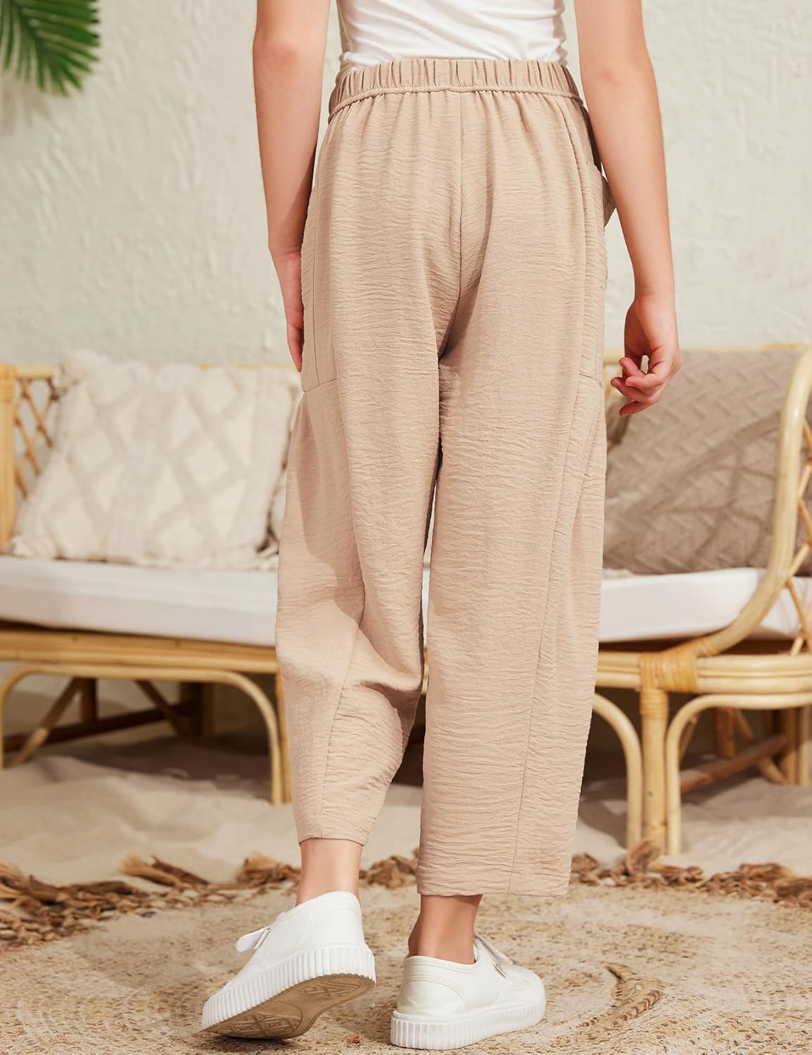 Flygo Girls Wide Leg Pants Casual Flowy Elastic Waist Palazzo Harem Trousers with Pockets 5-14Y - Image 4