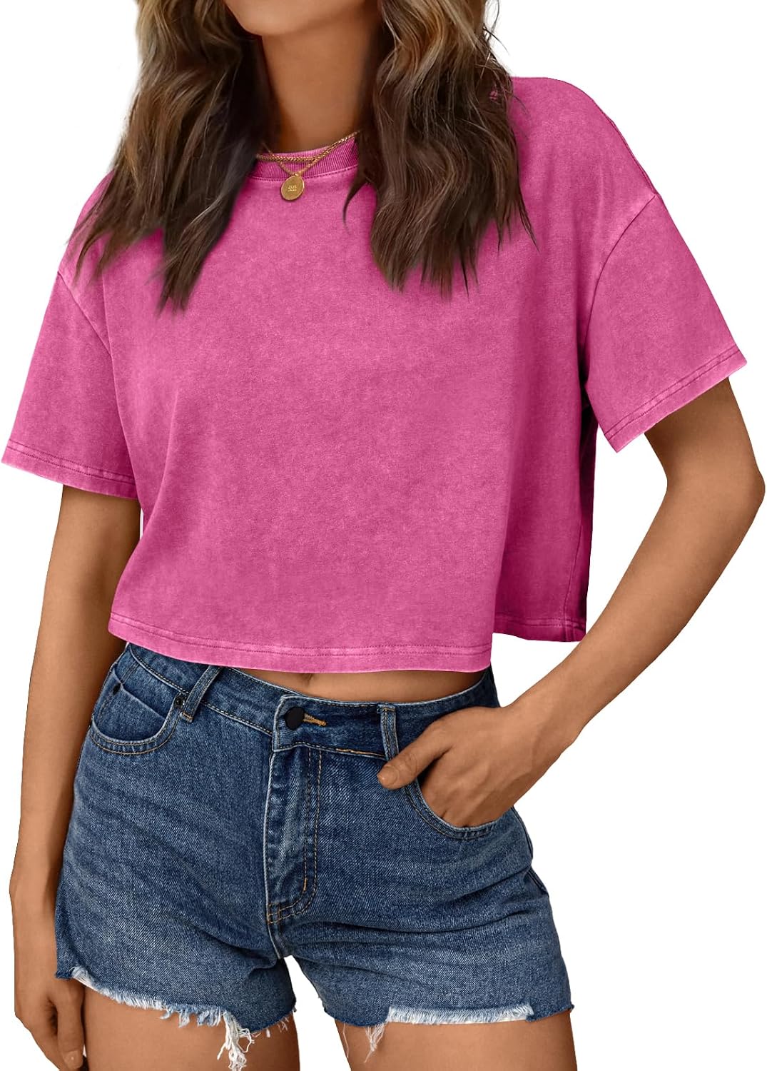 Trendy Queen Womens Crop Tops Short Sleeve T-Shirts Acid Wash Casual Summer Clothes Trendy Comfy 2026 Workout Baggy Soft Tees