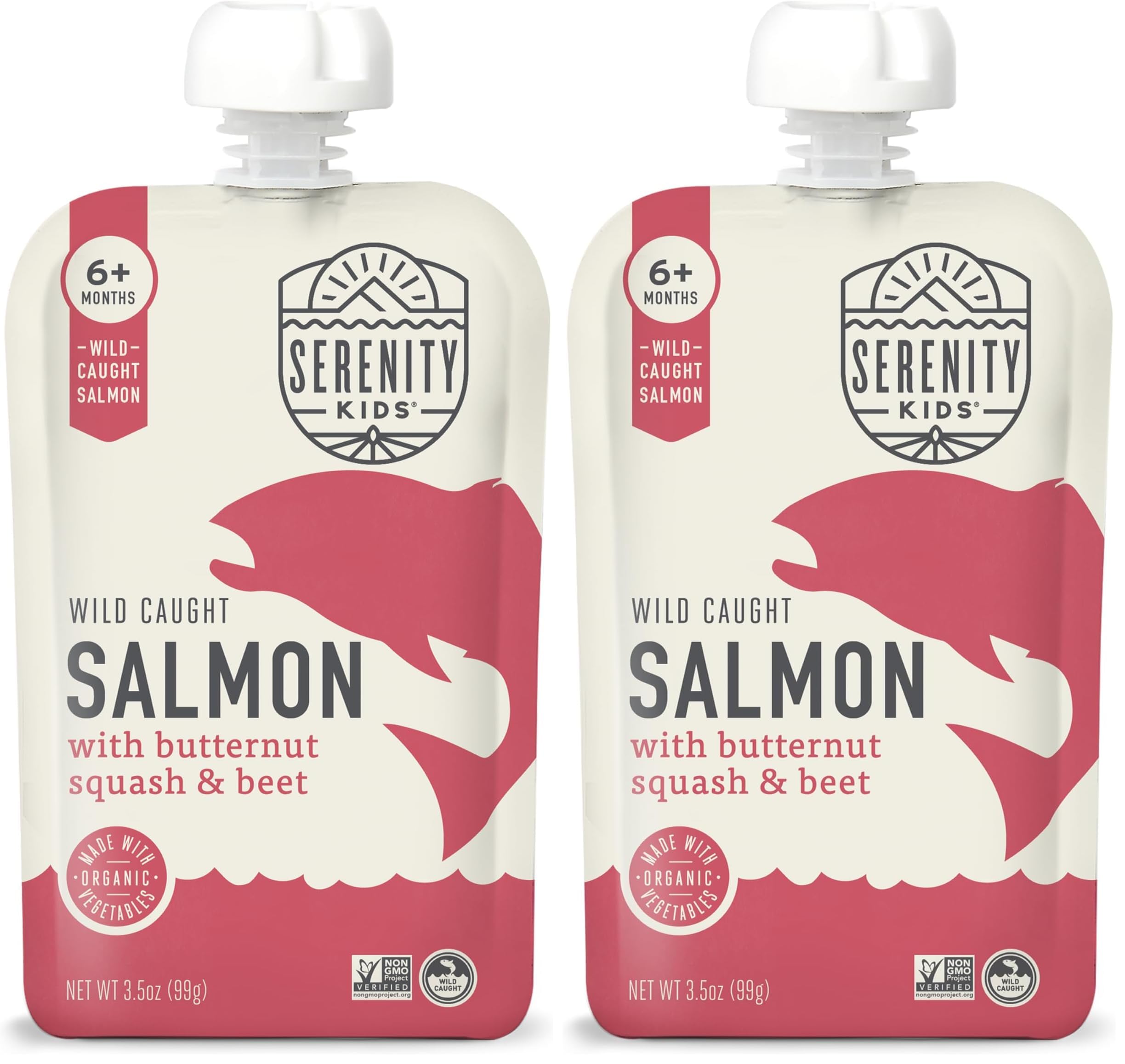Serenity Kids 6+ Month Baby Food Pouches Puree Made w/Ethically Sourced Meat & Organic Veggies - 3.5 Oz BPA-Free Pouch - Wild Caught Salmon, Butternut Squash, Beet - 6 Count - Baby Puree Salmon Pouch