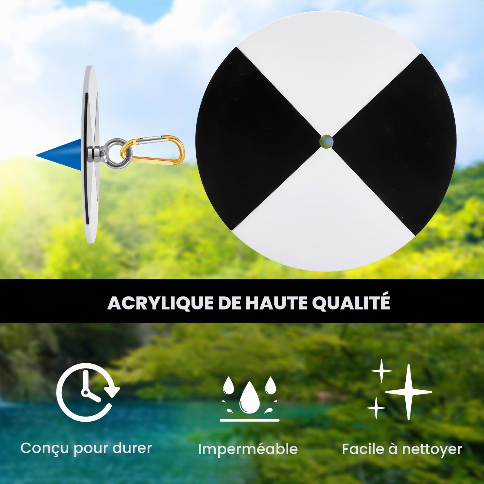 Copkim Lot de disques Secchi en plastique de 20 cm avec quadrants noirs et blancs, cône en acier, ligne de maintien et mètre ruban de 30,5 m pour des mesures de clarté
