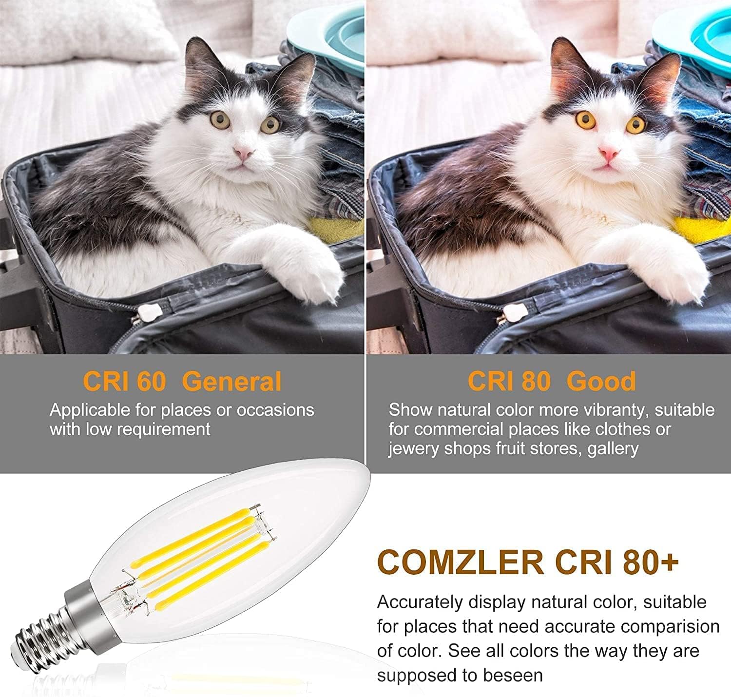 comzler E12 LED Candelabra Bulb Dimmable, Chandelier Light Bulb 2700K Warm White,40W Equivalent,Type B Ceiling Fan Bulbs,C35 B11 Edison Filament Candle Bulbs Candle Lights,400LM,Pack of 6