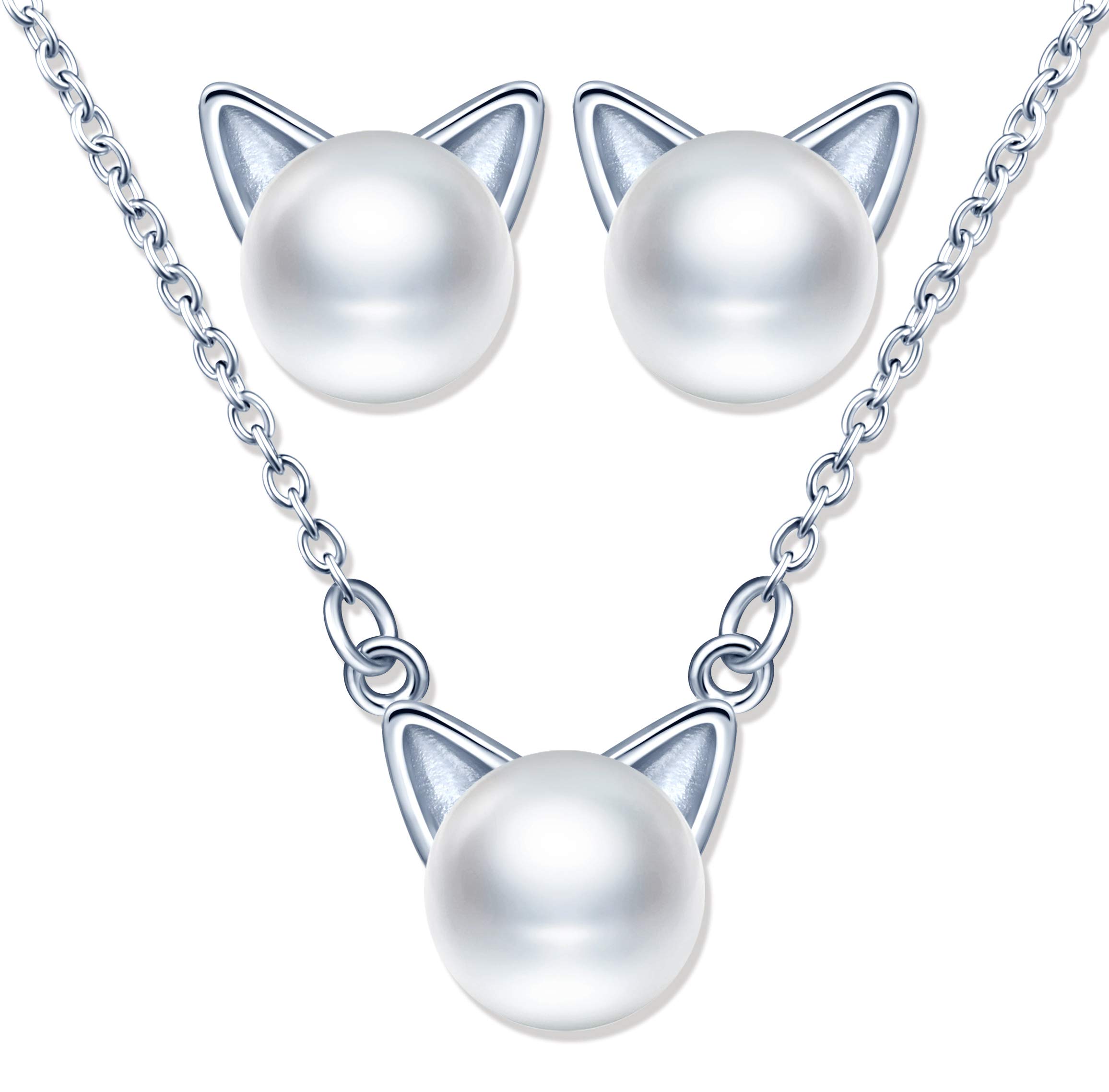 Yumilok collar de mujer Conjuntos de joyas de gato de perlas, collar de perlas de gato de plata de ley 925 para mujer, lindos pendientes de perlas de gato