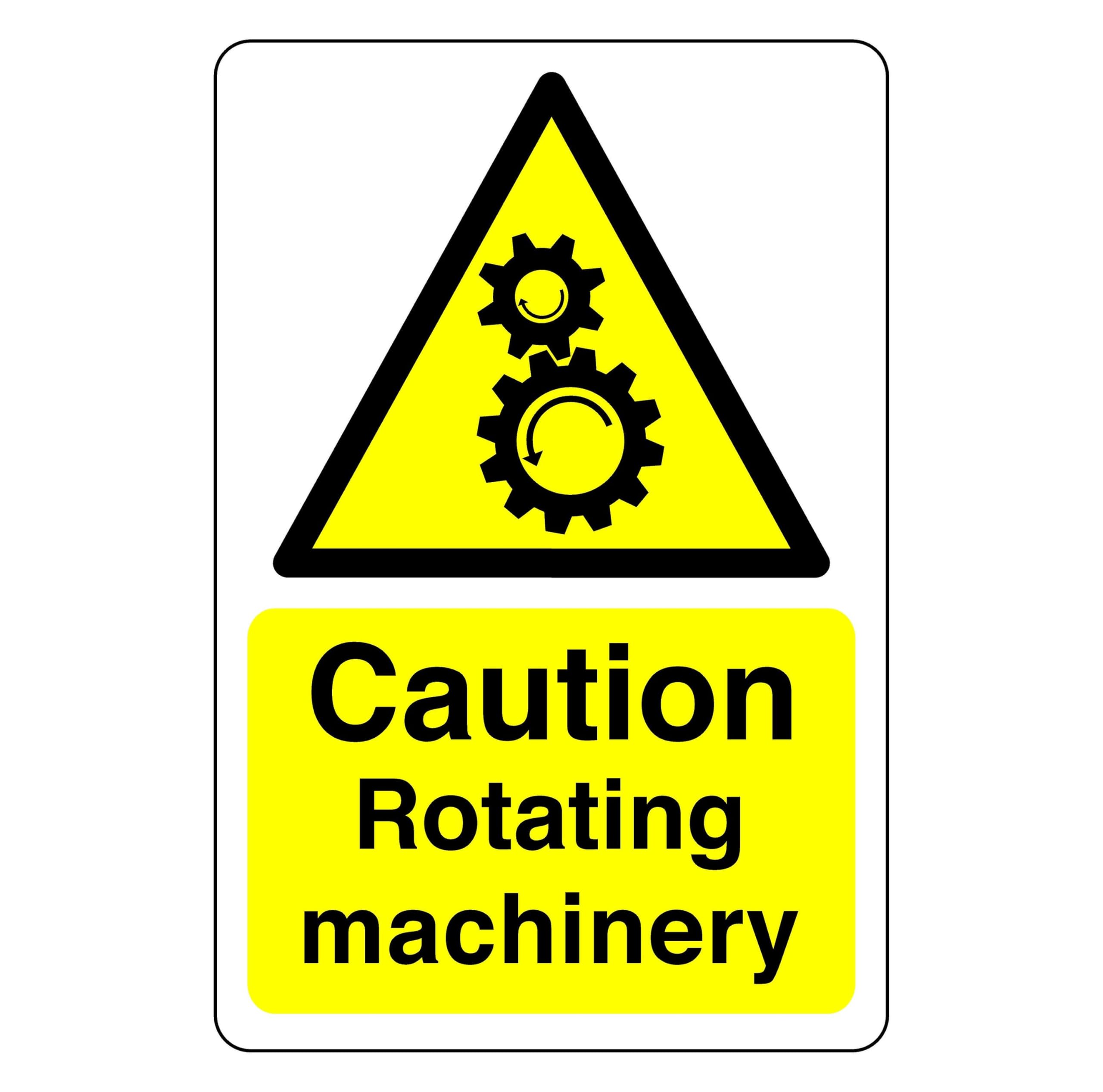Safety First Display Ltd Yellow/Black Caution Rotating Machinery - High Tack Self-Adhesive Sticker (300Mm X 200Mm) Viewing Distance Within 7M.